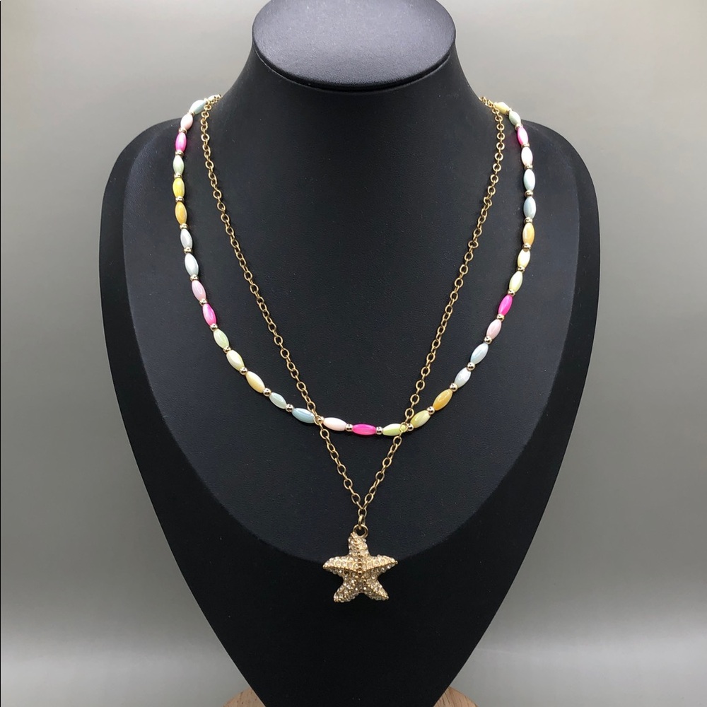 J. Crew Rhinestone Starfish Chain Necklace Vintage MoP Colorful Necklace Boho
